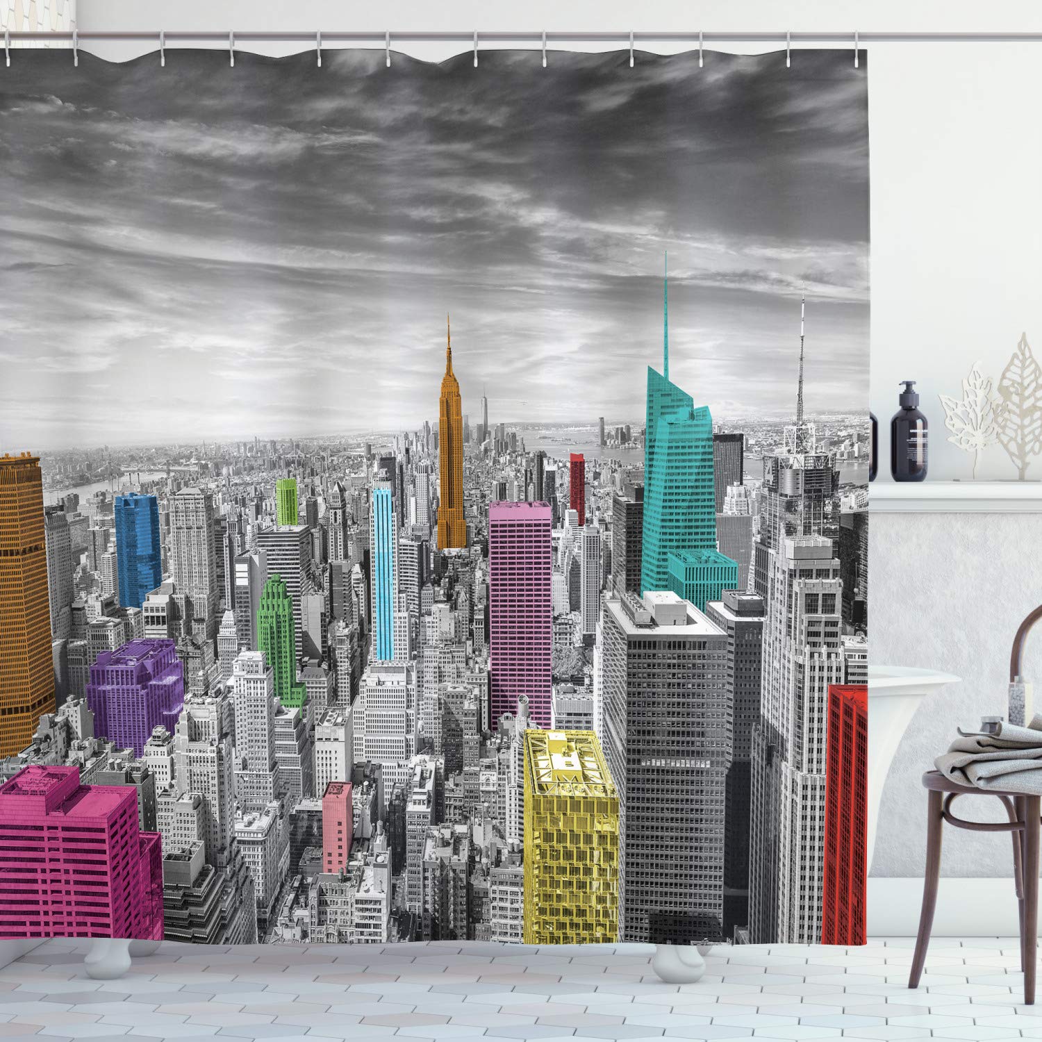 

Cityscape Shower Curtain, Modern Skyscraper Skyline Famous Building Bathroom Curtain Waterproof Fabric Shower Curtain With Hooks W60H190(CM)-1 Pcs