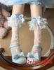 Lolita Butterfly Pattern Nylon Girls Midcalf Socks With Lace Trim For Spring Summer Wear