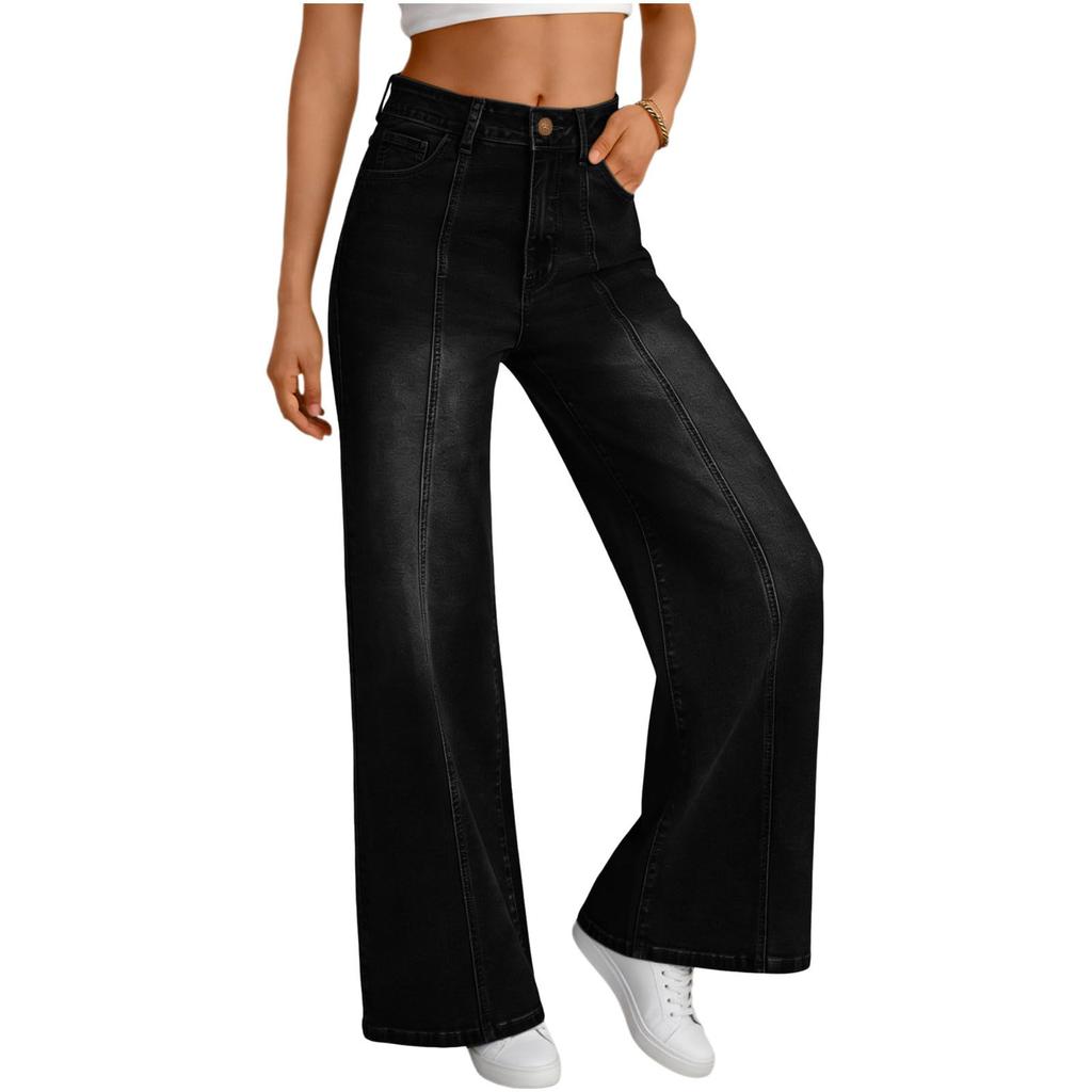 High Waist Wide Leg Jeans for Women Casual Straight Fit Denim Pants with Button and Zipper Fly Classic Design