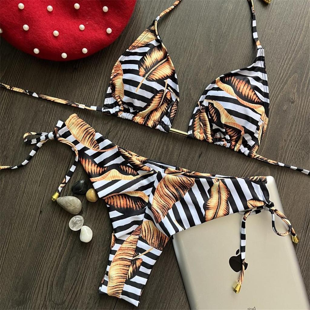 5 Colors Printed Striped Halter Bikini Female Swimsuit Women Swimwear Two-pieces Bikini Set Bather Bathing Suit Swim Lady