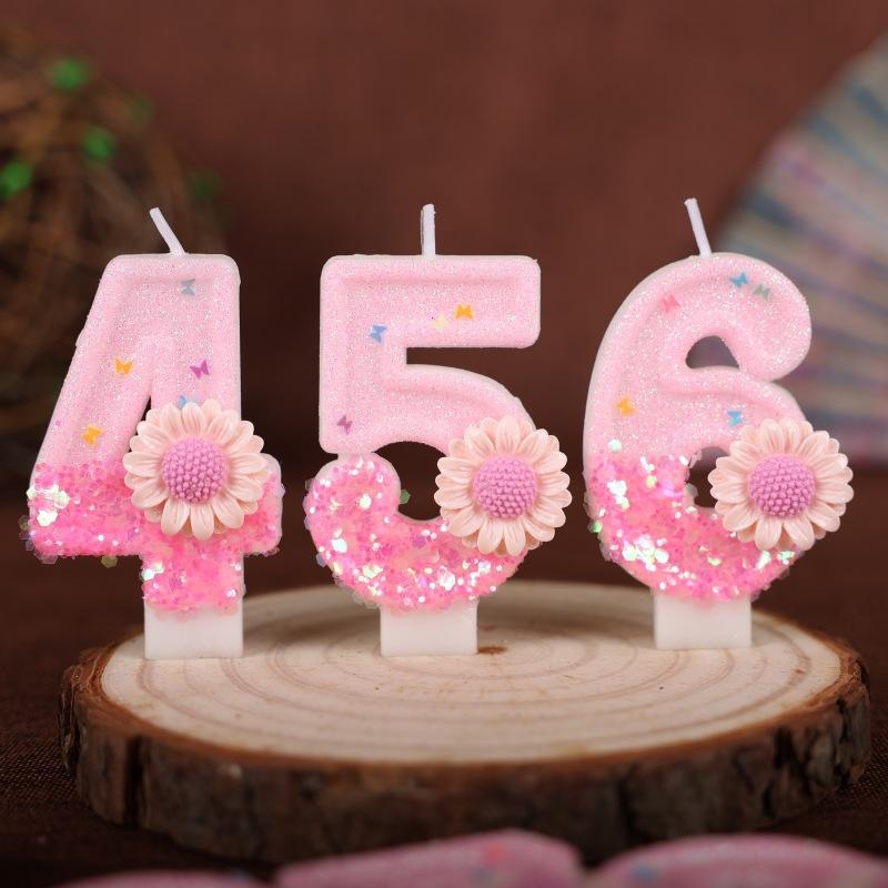 Creative Pink Flowers Birthday Numbers Candles Party Supplies Cake Decoration Sunflowers