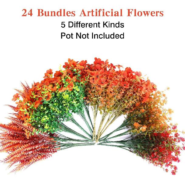 CEWOR 24 Bundles Orange Artificial Mums Flowers Fake Fall Plants for Outdoor Indoor, Fake Silk Daisy with Eucalyptus Leaves for Autumn Garden Front