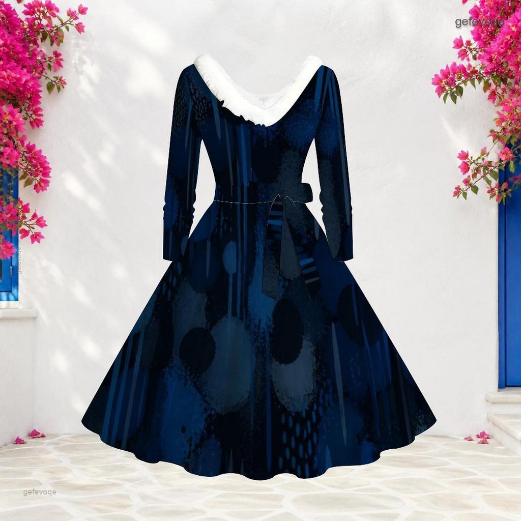 Women Plus Size Furry V Neck Long Sleeve Dark Blue Abstract Print Belted A Line Midi Dress