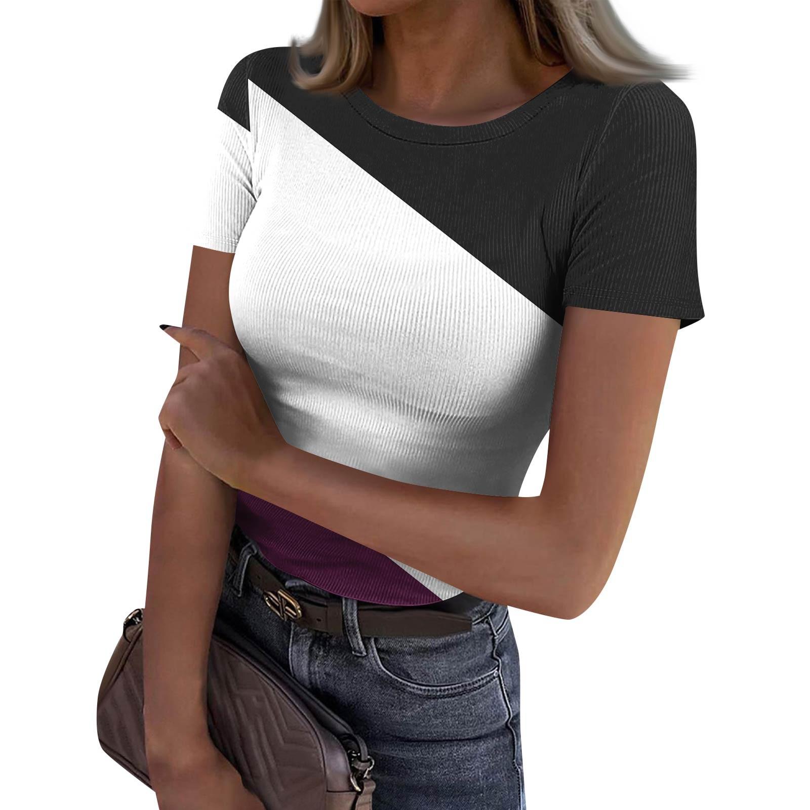 

Женская узкая футболка, модный повседневный свитер с круглым вырезом и коротким рукавом XL фиолетовый