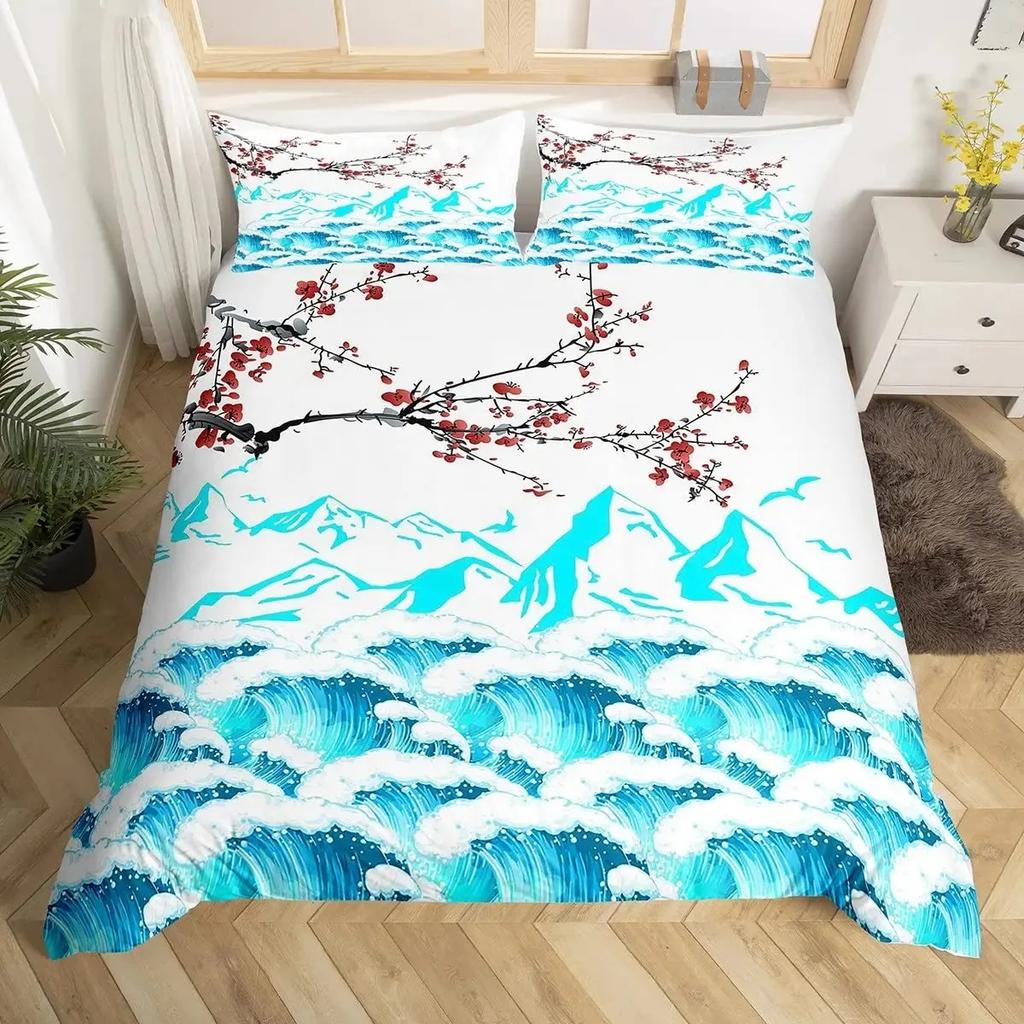 Japan Mount Fuji Duvet Cover Set Cherry Comforter Cover Retro Tower Bedding Set Japanese Ukiyo-E Bedspread Cover Full Queen Size