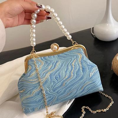 Elegantní večerní Clutch Hedvábný satén pro ženy Klip Shell Pearl Blue Řetízek přes rameno Svatební párty Svatební Malé kabelky Nové