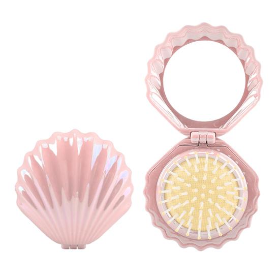 2-In-1 Mini Air Cushion Brush with Makeup Mirror Portable Shell Shape Travel Hair Comb Women Girls Folding Round Mirror Scalp