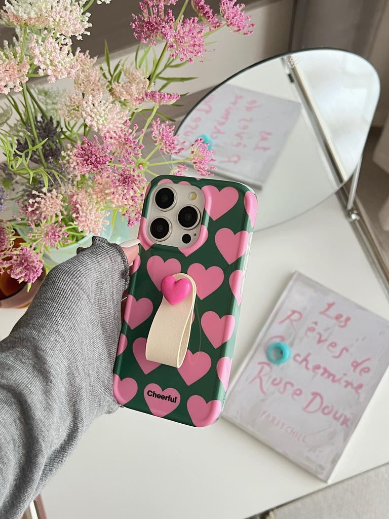 Koreanischer INS Schicker Rosa Herz 3D Ring-Strap Modisches Handyhülle für iPhone 17 16 15 14 13 Pro Max Rückseite für 12 Pro