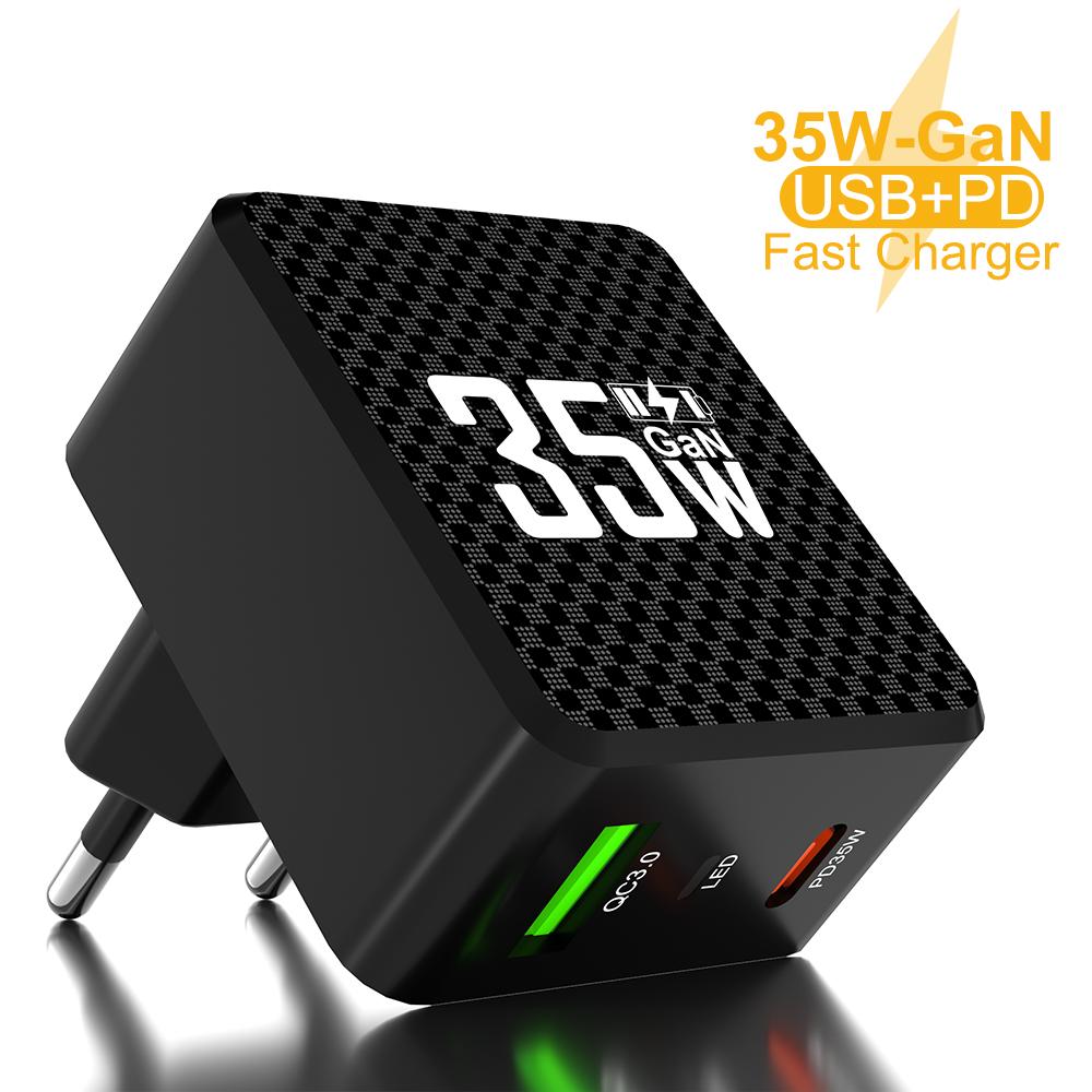2 Ports Mini 35W GaN USB Type C Charger QC3.0 Portable Fast Charging For iPhone 14 Pro Xiaomi 13 Samsung KR/EU/US/UK Plug