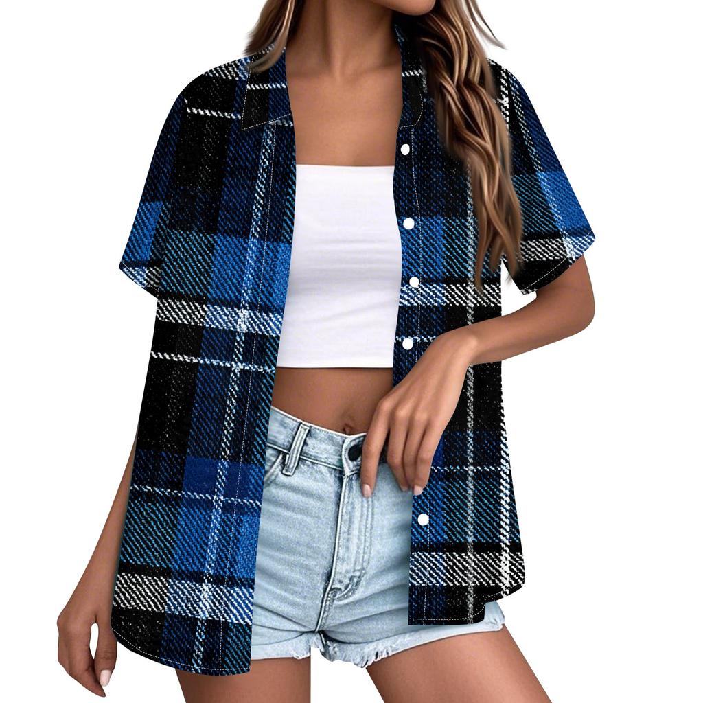 Women Casual Loose Fit Short Sleeve Button Down Collar Shirt Plaid Pattern Lightweight Summer Top