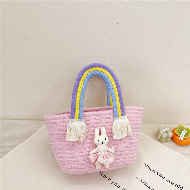 

Adorable Kids Spring Cartoon Rainbow Handbag Stylish Cotton Tote For Children Accessories Pink Rabbit
