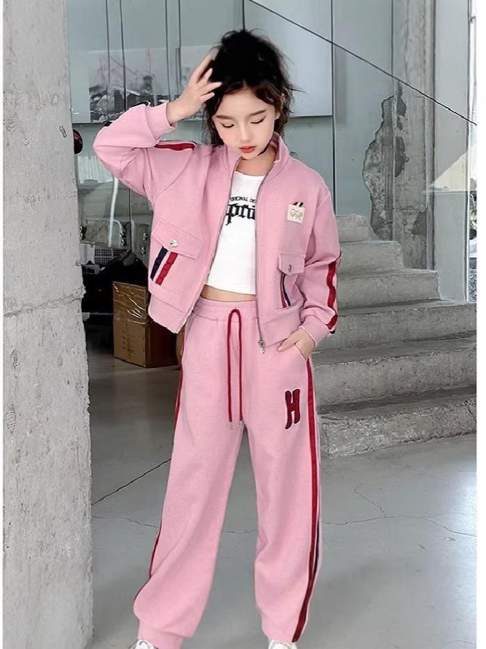 Girls' 2026 Autumn Color Block Top & Striped Cardigan Sportswear Set