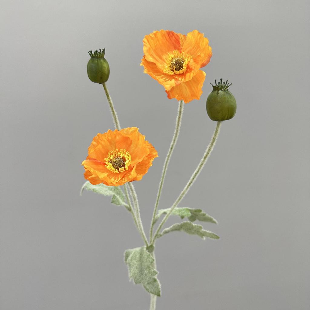 Flocked Poppy Silk Flower - 4-Head Single Stem for Wedding & Home Décor Vase
