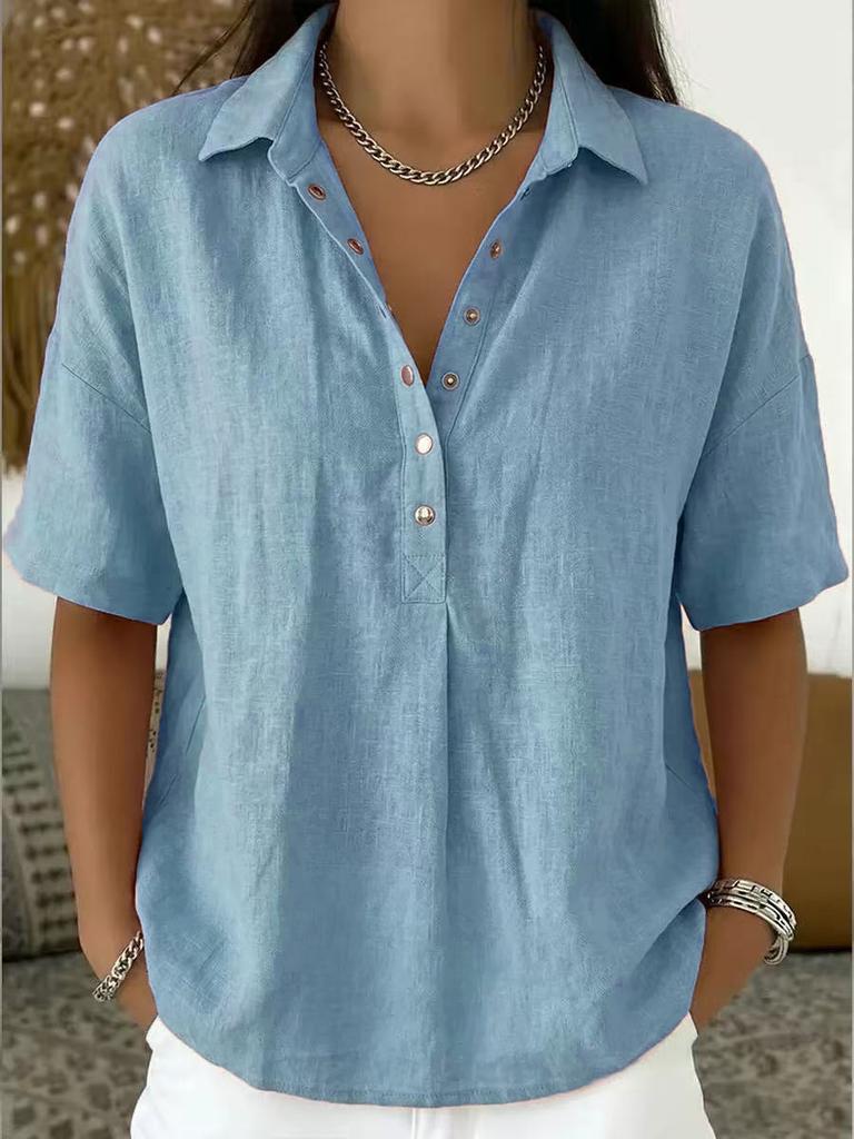 Women Loose Solid Color Lapel Short Sleeve Casual Shirt