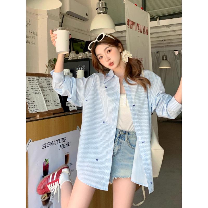 2026 Women s Blue & White Striped Bow Print Long Sleeve Shirt - Mid-Length, Stylish Autumn Top 2XL синий