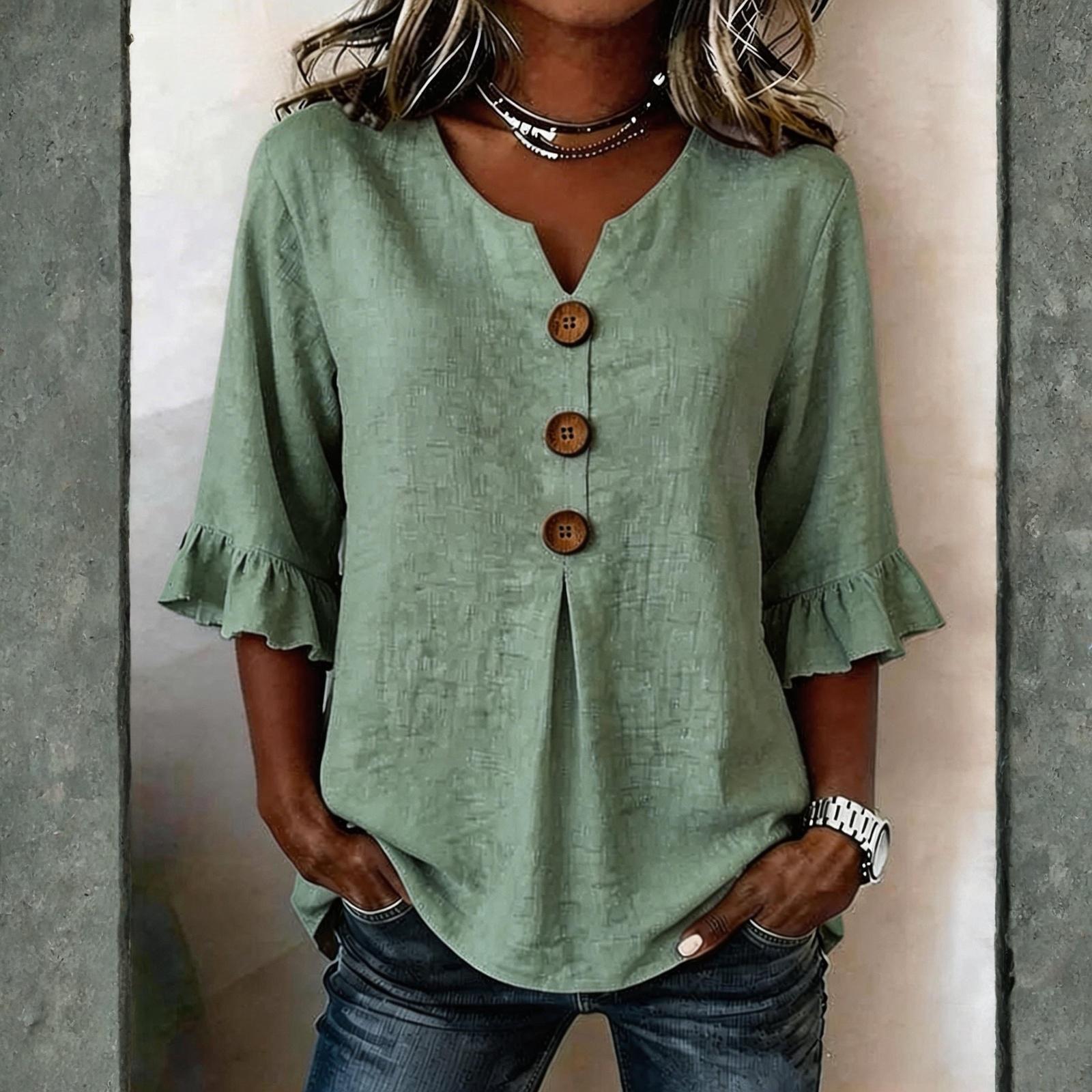 

Женская повседневная весенне-летняя блузка с V-образным вырезом, пуговицами, из хлопка и льна, разных цветов XXL