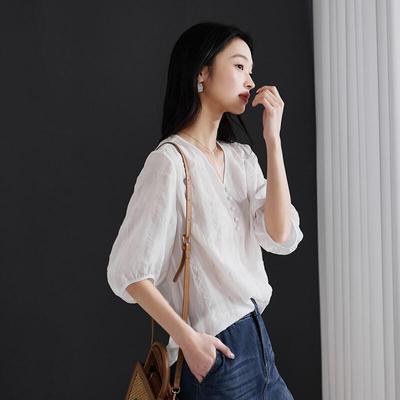 SOFSIL 2026 Spring French V-Neck Five-Point Sleeve Shirt