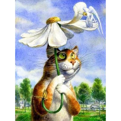 Pintura de diamante artesanal "Gato paraguas", bordado de diamantes, punto de cruz