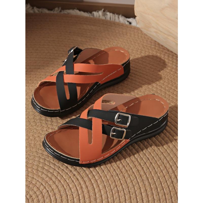 Fish Mouth Thick Bottom Slope Heel Slippers Beach One Word Large Size Multi-color Simple Women Summer Leaking Toe Outer Slippers