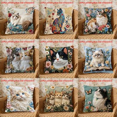 Vintage Blumen Katze Kissenbezug 2D Fake Stickerei Leinen Kurzer Plüsch Dekorative Kissenhülle für Sofa Heimdeko