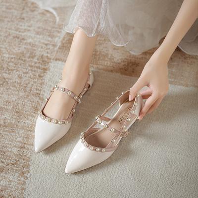 2024 New Women Patent Leather Sandals Girl Summer Beautiful Pointed Toe Pearl Flat Boat Shoes