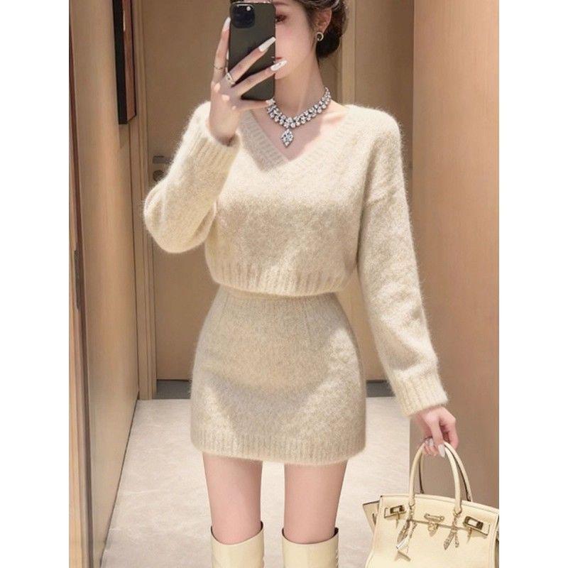 Chic V-Neck Knit Sweater & Skirt Set for Women - Autumn/Winter Collection