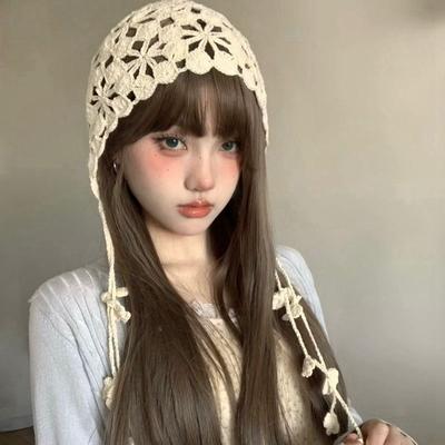 Handmade Crochet Tassel Hat Knitted Breathable Hollow Out Ethnic Cotton Thread Girl's Headwrap Bohemian Style Hat