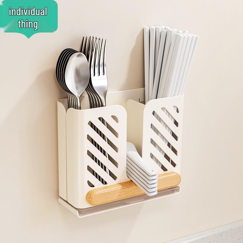 Wall-Mounted Chopstick & Spoon Holder: Cream Style, No-Punch Installation, with Drainage Function