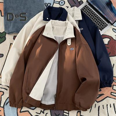 Pánský kardigan sako klopa dlouhý rukáv zapínání na zip barevně blokovaný design bunda kabát s kapsami volný střih svrchní oděv