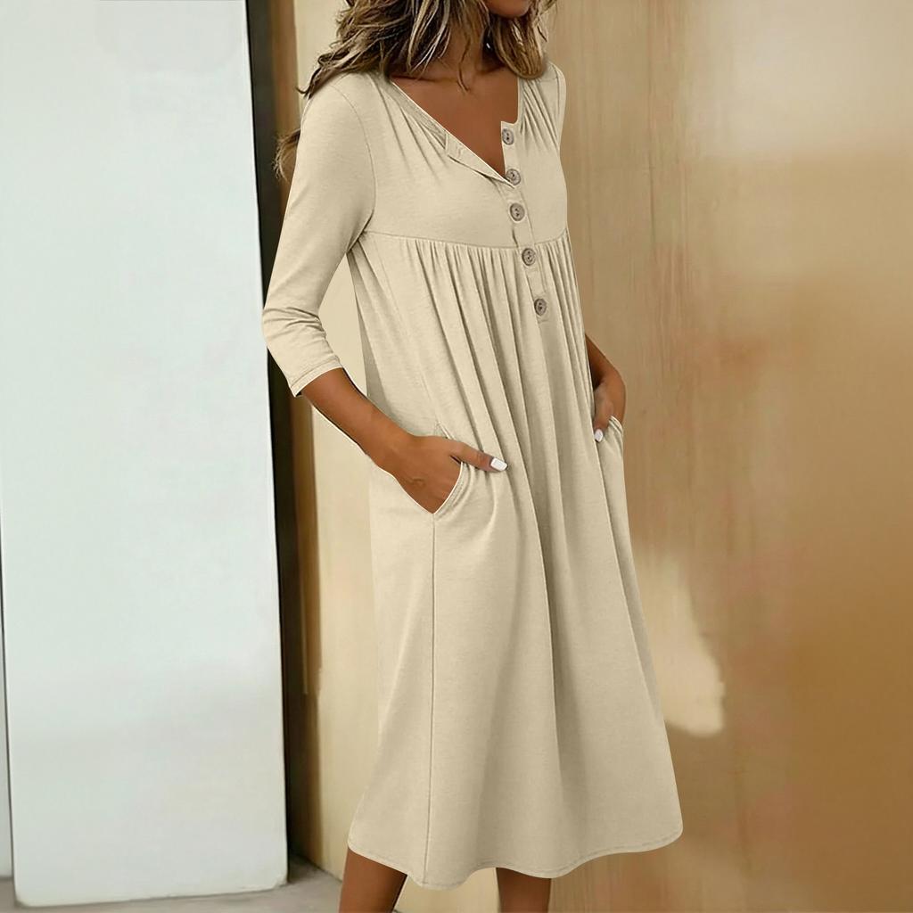 Damen Lässiges Midikleid mit 3/4 Ärmeln und Knöpfen
