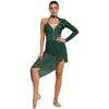 Body Vestito da Danza Lirica da Donna con Strass Manica Lunga Singola Orlo Irregolare in Rete
