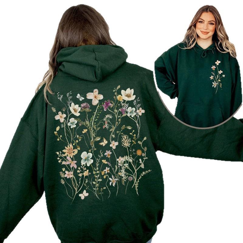 2025 Trendy Floral Print Loose Plus Size Pullover Hoodie Sweatshirt