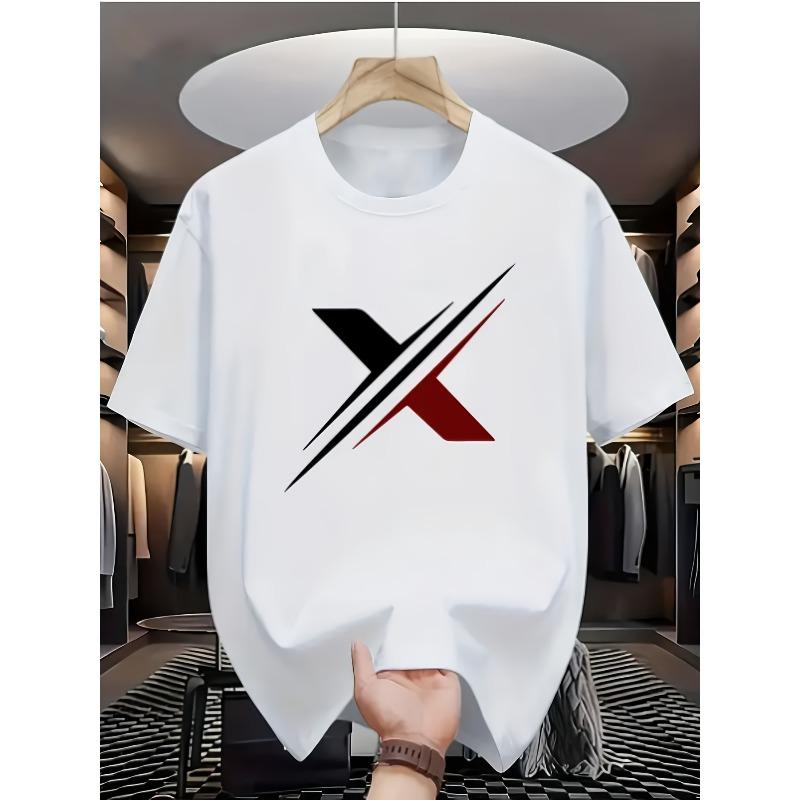 

European size Men S Geometric Pattern T-Shirt - Solid Color Loose Casual Short Sleeve Shirt, with Graphic Design Tops S белый