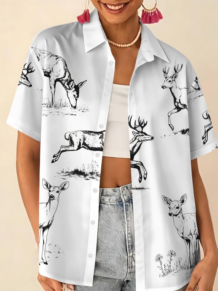 Love printed short-sleeved shirt women's summer loose casual lapel shirt retro niche top