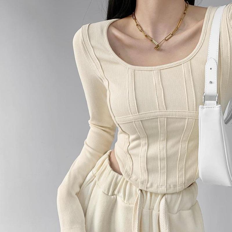 2KWEIRD Y2k T-shirt Girls Crop Tops Spring Women Long Sleeve O Neck Cotton Shirts Bustier Harajuku Pullover Streetwear All-match T-shirt