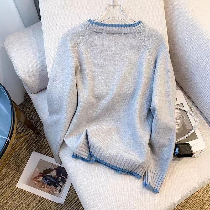 Women's Round-neck Sweaters Color-blocked Pullovers Long-sleeved Loose Knitted Sweaters Casual Sweaters for Autumn and Winter