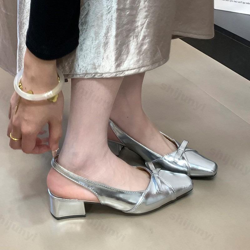 Fashion Hot Selling Women Summer Square Toe Bow Sandals 2025 New Shallow Mouth Non-slip Kitten Heel Shoes French Comfortable Sandals