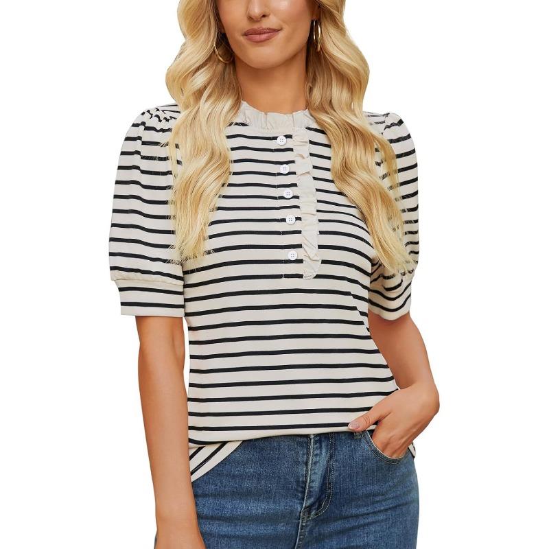 Women Casual Loose Striped Ruffled Collar Short Sleeve T Shirt Top