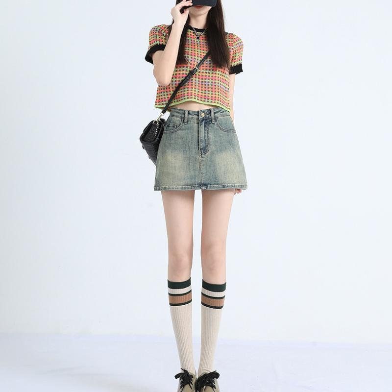 Fusta scurtă de denim retro Fusta scurtă de slăbire cu talie înaltă de vară pentru femei, Fusta înfășurată în șold cu linie A anti-orbire