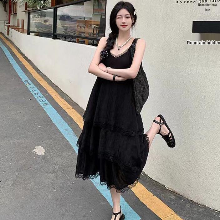 Women's Summer Chiffon Lace-Trim Spaghetti Strap Long Dress - Sweet, Waist-Cinching Style