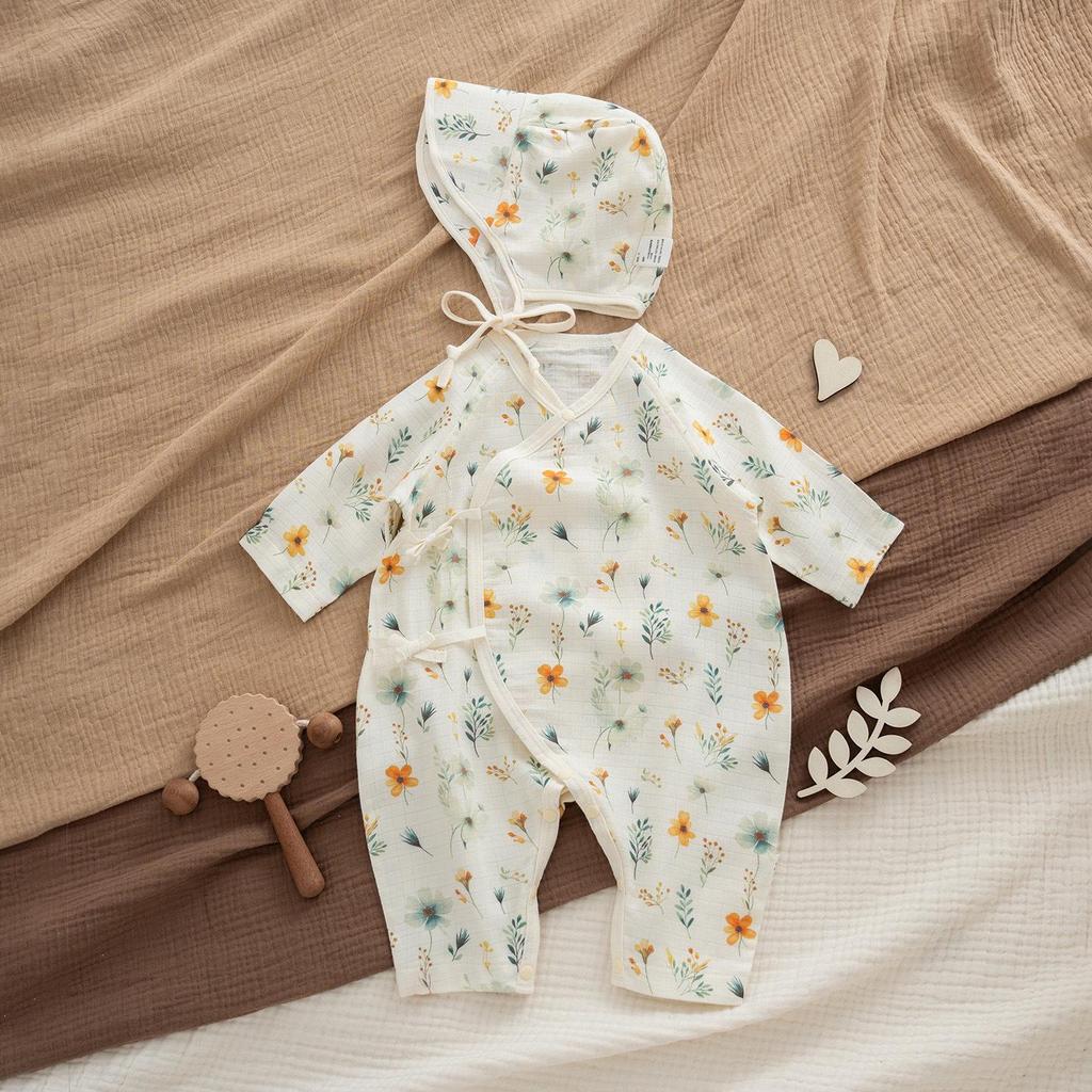 Ultra-Thin Cotton Baby Jumpsuit with Belly Protection & Long Sleeves - Breathable, A-Class for Summer & Air-conditioned Spaces