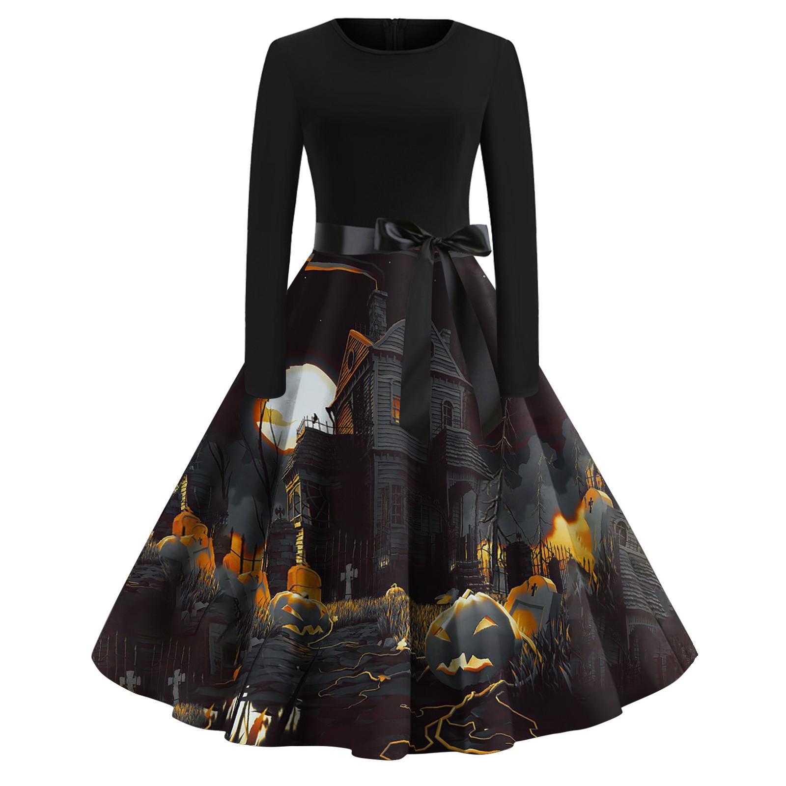 

Платье с расклешенным принтом на Хэллоуин для женщин, платье с длинным рукавом, полые вечерние повседневные платья XXL чёрный