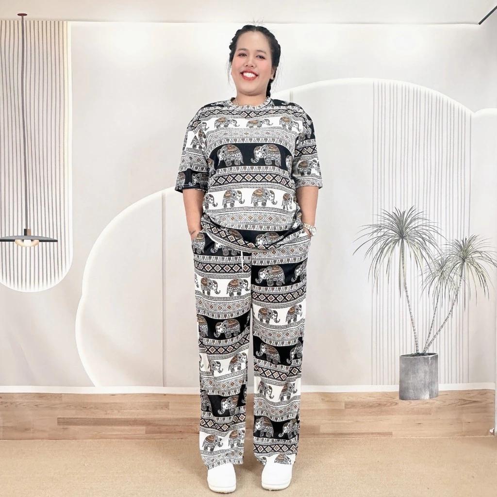 Słoniowe Spodnie Koszula Zestaw Okrągły Dekolt Krótki Top Krótki Rękaw Regulowany Elastyczny Pas Pasek Kobiety Nadruk Tajlandia Casualowy Bohemski Retro Vintage