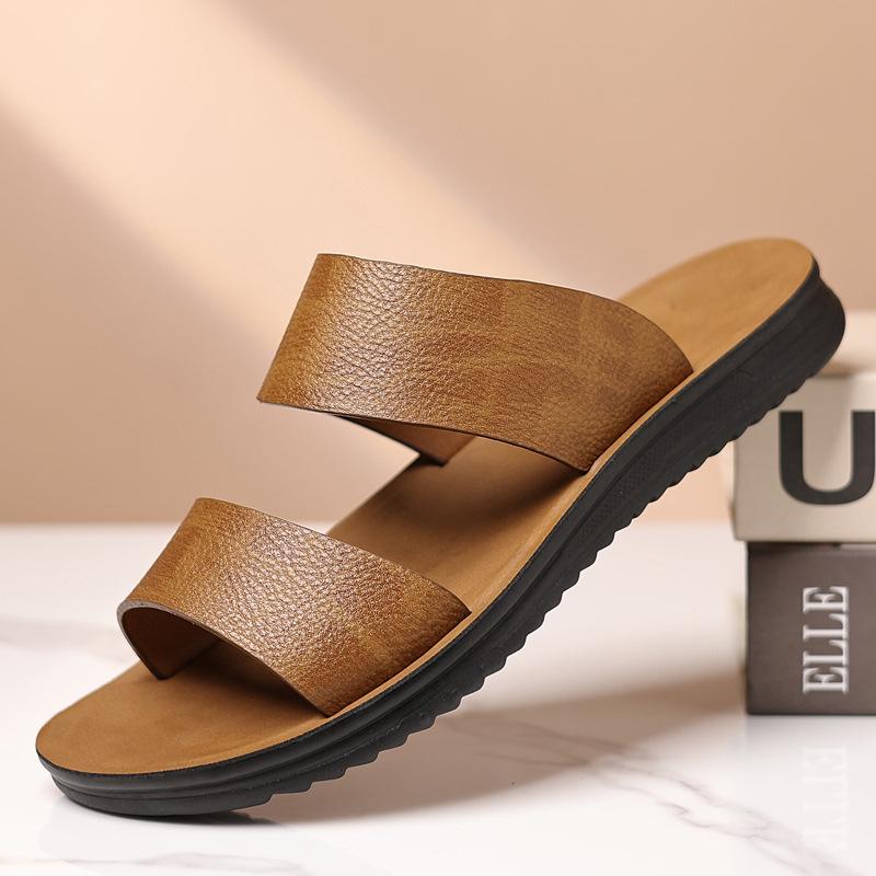 

Slippers men s summer new men s breathable trend beach shoes non-slip cool slippers soft sole outside sandals one-word drag 44 жовтий
