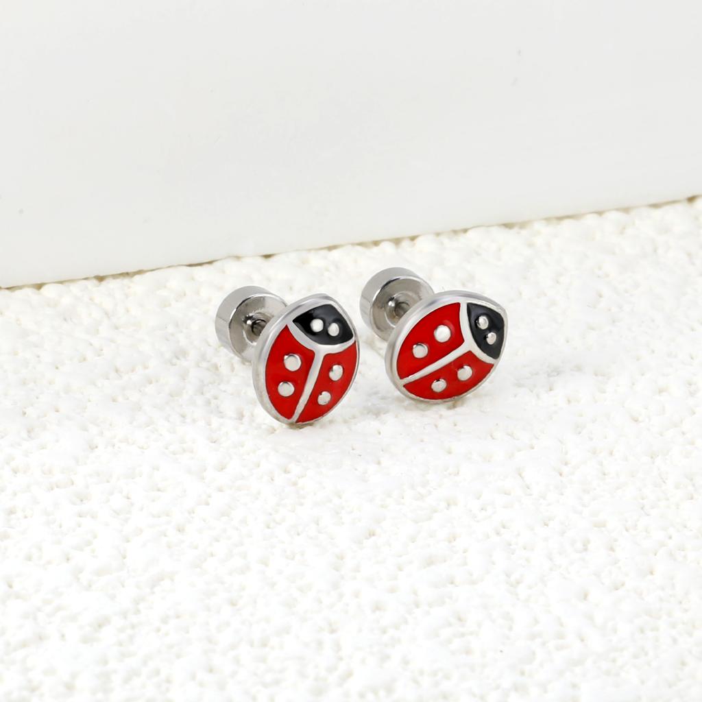 Cute Girls Ladybug Animal Enamel Stud Earrings Twist Pack for Children/Teenagers Titanium Steel 1pairs Drip-Oil Insect Piercing