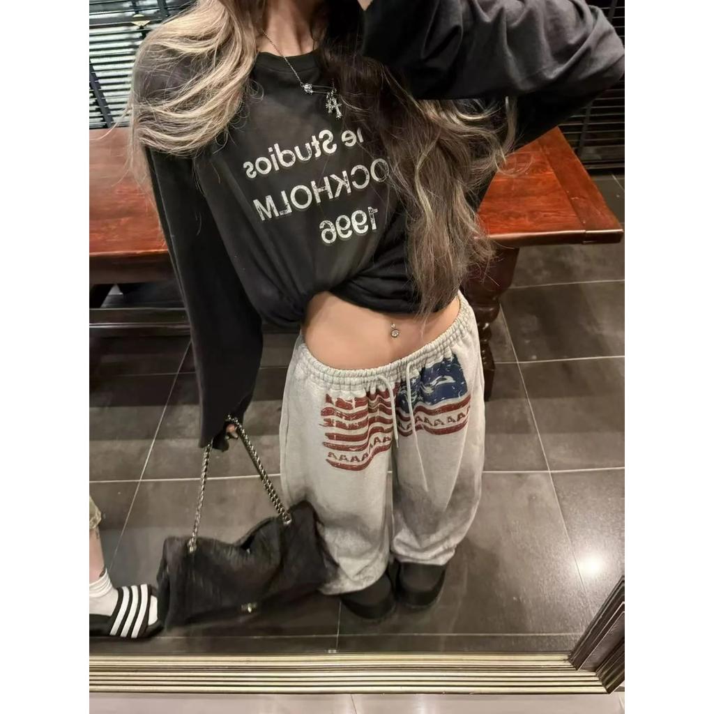 VIONA Y2K College American Hip-hop Goth Print Drawstring Wide Leg Sweatpants Loose 90s High Street Sports Trousers Floor Length Pants