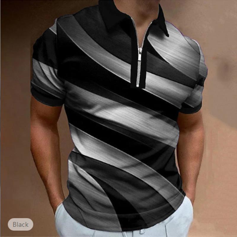 Casual Lapel T-shirt Young Men's Fashion Zipper T-shirt Short Sleeve T-shirt Men's 3D Diagonal Printing Print T Shirt