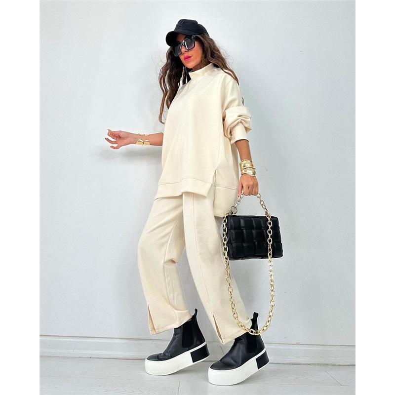 

Women s 2Pcs Solid Color Casual Tracksuit High Neck Loose Top Wide Leg Pants Set 4XL абрикосовый