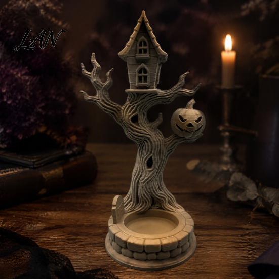 Small Decorative Hut Models 3D Printed Halloween Tree House Ornament with Pumpkin, Spooky Table Detailed Resin Style Figurines Centerpiece,
