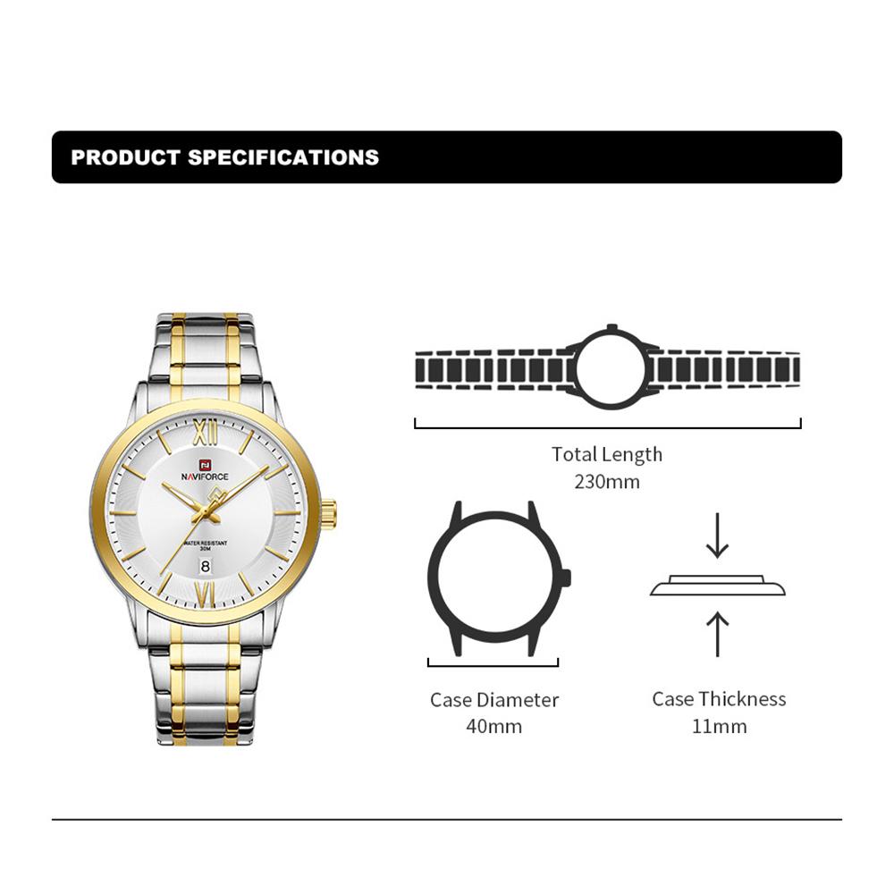 Naviforce Original Simple Quartz Watch for Men Calendar Stainless Steel Strap Waterproof 3ATM Luminous Pointer Business Casual Men Watch NF9254